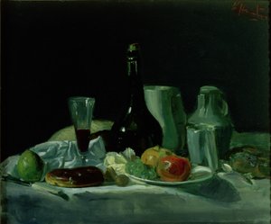 静物-ボトルとフルーツ 作： George Leslie Hunter