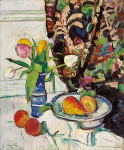 チューリップと果物のある静物、 作： George Leslie Hunter