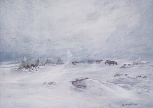 アーネスト・シャックルトン卿（1874-1922）の著書「Nimrod in the Antarctic 1907-09」に掲載されたイラスト「A Blizzard on the Barrier」。 作： George Marston