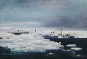 ジェームズ・ケアード、ダドリー・ドッカー、スタンコム・ウィルズが1916年4月にウェッデル海の流氷に係留 作： George Marston