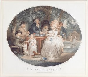 フランソワ・デビッド・サロン（1764年生まれ）によるモーランドの後のカラー・スティプル・エングレーヴィング「茶の庭」。 作： George Morland