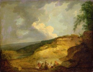 手前にジプシーの野営地がある広大な山地の風景（油彩・キャンバス 作： George Morland