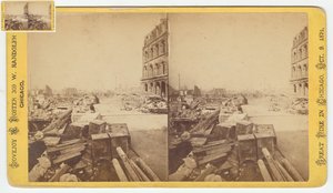 1871年、1871年のシカゴ火災後のディアボーンストリートの廃墟から取った金庫の立体写真（カードマウントのbw写真） 作： George N. Barnard