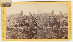 1871年、1871年のシカゴ火災後のマンモスストアオブフィールド＆レイターの遺跡の立体写真（カードマウントのbw写真） 作： George N. Barnard