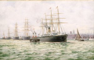 リバプールを出港するホワイト・スター・ラインの蒸気船「アドリア海」、19世紀後半（油絵）