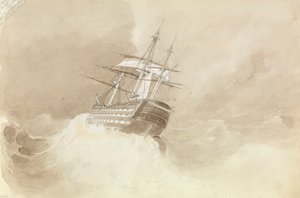 マルタ沖の北東の強風で舵頭を失ったHMS「トラファルガー号 作： George Pechell Mends