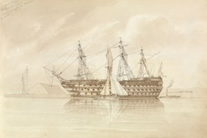 シアネス沖のHMS「トラファルガー」（1850年12月28日、「シャノン号」より 作： George Pechell Mends