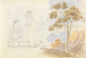 2人の若い女性のスケッチ。1人は座って本を読み、もう1人は伸びをしながらあくびをしている（ブリー卿による）。 作： George Pechell Mends