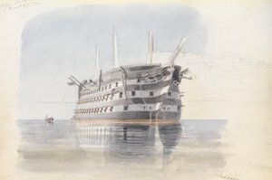 1852年3月27日、マルタ島アッパー・バラッカの下での「トラファルガー号 作： George Pechell Mends