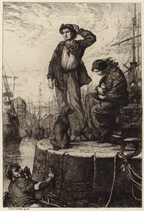 ドックで待っている若い移民家族 作： George Percy Jacomb Hood