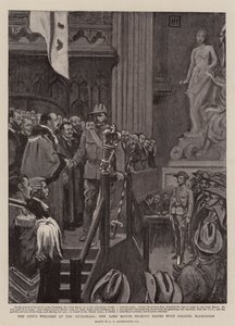 市のギルドホールへの歓迎、マキノン大佐と握手する市長 作： George Percy Jacomb Hood