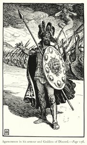 イリアス』。鎧を着たアガメムノンと不協和音の女神（エングレービング 作： George Percy Jacomb Hood