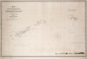 コロネーション島を含むサウスシェトランドの海図。1821年と1822年にジョージ・パウエル船長が行ったドーブ号の探検から。 作： George Powell