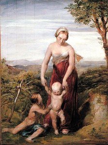 丘陵地帯の風景の中で二人の子供を連れた女性 作： George Richmond