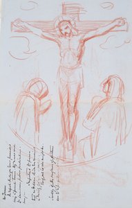 はりつけの研究、1857年頃（グレーブルーの透かし入り紙に赤と黒のチョーク） 作： George Richmond