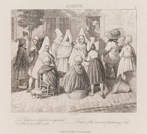 魚を購入する女性、ディエップ、1821年頃（エッチング） 作： George Robert Lewis