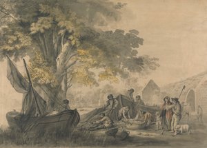 堰の近くのボート、漁師、農民 作： George Robertson