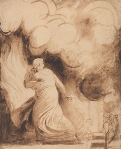 燃え盛る都市の城壁の上を、子供を抱いた母親が飛んでいる 作： George Romney