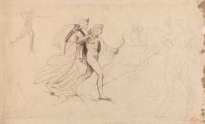 『ニオベの子たちの死』に登場するアポロ、ダイアナ、そして騎手 作： George Romney