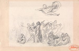 人物の群像と上空を飛ぶ人物