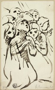 ひざまずく人影が群がる 作： George Romney