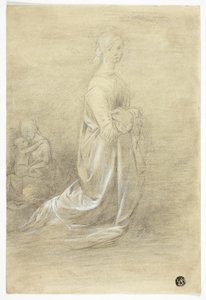 ひざまずく女性、座る母と子 作： George Romney