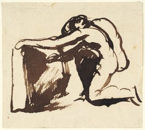 大きな板に何かを書いている、裸でひざまずいた人物 作： George Romney