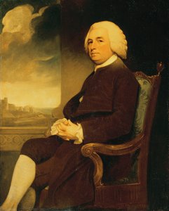 座っているマイケル・ラッセルの肖像画、向こうにドーバー城（キャンバスに油彩） 作： George Romney