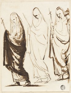 十字架または王笏を持った 3 人のドレープ女性の行列 作： George Romney