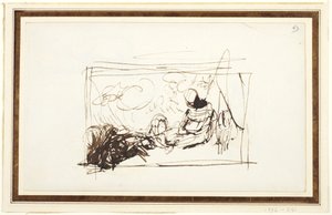 座る人物と山羊 作： George Romney