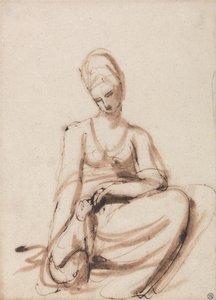 動物に餌をやる座っている女性 作： George Romney