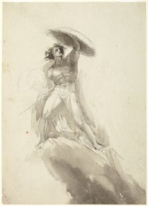盾を持った大股で歩く男性の裸体：『反逆の天使たちの堕落』のための習作 作： George Romney