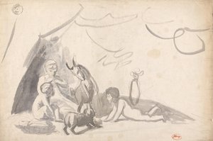 犬とヤギと一緒にいる3人の子供たち 作： George Romney