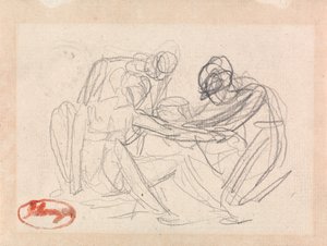 座る人物の前に跪く2人の人物 作： ジョージ・ロムニー