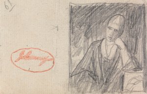曲げた腕の上で頭を休める女性 作： George Romney