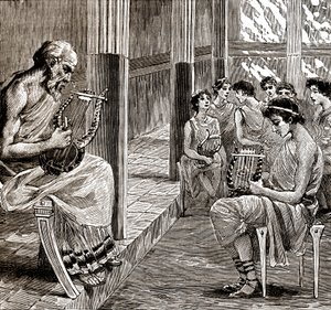 古代ギリシャの学校：教師が生徒に竪琴を教える。 作： George Roux
