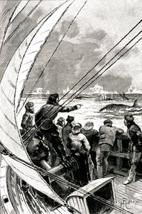 極地に向かう海上で、船（ヨット）の乗組員がクジラの群れを見ている。ジュール・ヴェルヌ(1828-1905)の小説「氷のスフィンクス」の挿絵。