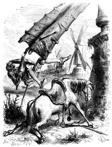 工場との戦い：ドン・キホーテとロシナンテは工場の翼に投げ飛ばされる。 作： George Roux