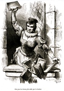 ドン・キホーテの家庭教師が書斎の本を窓から投げ捨てる。 作： George Roux