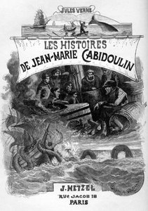 ジュール・ヴェルヌの小説 "Les histoires de Jean-Marie Cabidoulin"(1901)の扉絵、ヘッツェル・コレクション/外伝、ジョルジュ・ルーの挿絵。「海上シーンの喚起：クジラの銛打ち、ウミヘビによる船の襲撃" 作： George Roux