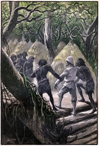 ジュール・ヴェルヌの著書『空中村』（1901年）のためのジョルジュ・ルーの挿絵、ヘッツェル版／異常な航海、既知と未知の世界。ワグディ（コンゴの森の猿）の木立に囲まれた村に到着した探検家たち。 作： George Roux