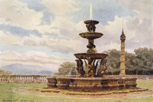 イタリアの庭園ドラゴンの噴水、モンドラゴーネ邸（カラーリトグラフ） 作： George Samuel Elgood