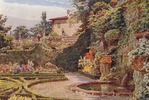 イタリアの庭園：パルミエーリ邸、花壇からのパラッツォ（カラーリトグラフ） 作： George Samuel Elgood