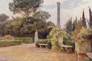 イタリアの庭園ヴィラ・メディチ（カラーリトグラフ） 作： George Samuel Elgood