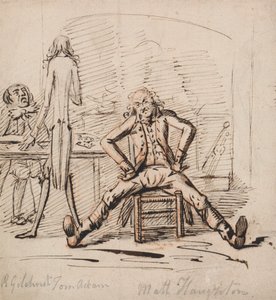 Três homens em uma sala: Gilchrist sentado à mesa, Tom Adam em pé, visto por trás e Matt Haughton sentado com as pernas abertas e os braços cruzados diante do fogo 作： George Shepheard