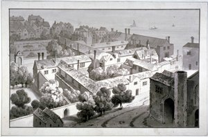 ウィンチェスター宮殿の司教の鳥瞰図、サザーク、ロンドン、c1820。