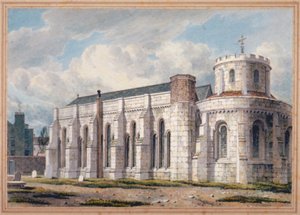 墓地の向こう側からのテンプル教会の眺め、ロンドン市、1811年 作： George Shepherd