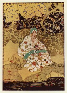 渓流の土手に座るとても美しい少女（カラーリトグラフ