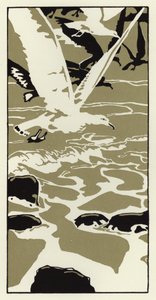 浜辺から大きな白いカモメがやってきた（カラーリトグラフ 作： George Sheringham