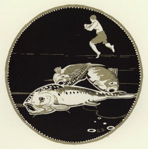 氷の上に4匹の大きな魚が横たわっているのが見えた（カラーリトグラフ 作： George Sheringham